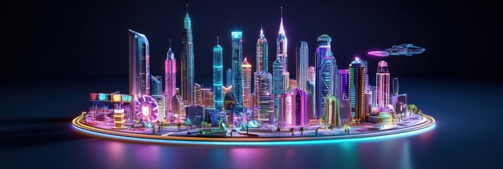Wall Mural - a vibrant, futuristic cityscape with neon lights and modern architecture.