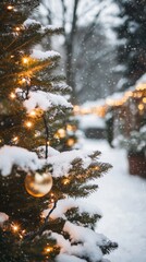 Wall Mural - Magical winter evening scene with illuminated Christmas tree branches covered in fresh snow, creating a cozy atmosphere with warm lights glowing against blurred snowy background.