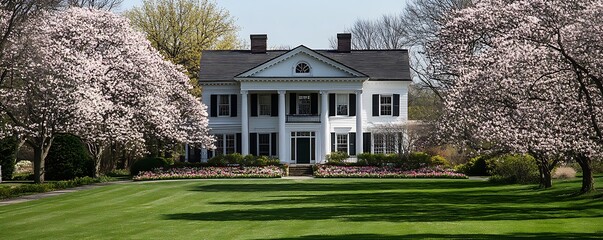 Wall Mural - Home exterior surrounded by blooming flowers, trees, and a green front lawn