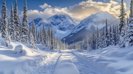 Poster - Snowy path leads to the majestic mountains under a bright blue sky.