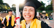 © peopleimages.com - Graduation, student and selfie with diploma outdoor for celebration, education success and achievement memory. Japanese university, girl and photography on campus for learning goals or academic event