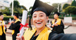 © peopleimages.com - Woman, university student and smile on graduation with selfie for social media or profile picture in Japan. Female person, campus and happy with scroll for memories success or achievement on portrait
