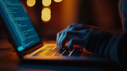 Hands typing on laptop with programming code on screen, representing software development. Perfect for coding, IT solutions, digital technology, web applications.