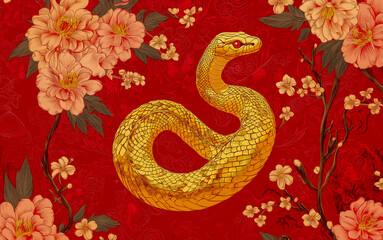 Wall Mural - Happy Chinese New Year 2025. Golden Chinese snake with flowers and lanterns over vibrant red background for card design. China zodiac lunar calendar animal. Year of the snake.