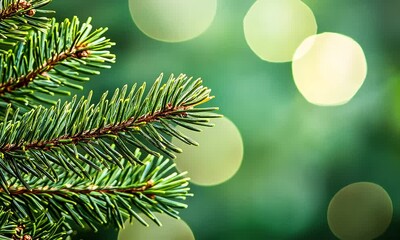 Wall Mural - A close-up of evergreen tree branches with a blurred green background, evoking a serene, natural atmosphere.