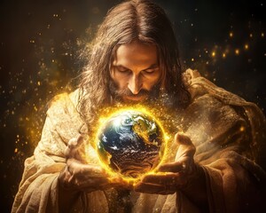 Wall Mural - the world in divine hands, jesus holding a glowing earth, surrounded by abstract beams of light, sym