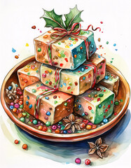 Wall Mural - A pile of golden fudge squares with colorful sprinkles on a plate