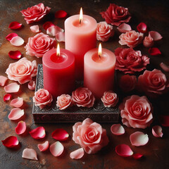 Wall Mural - A trio of colorful candles with drippy wax, surrounded by rose petals on a wooden surface