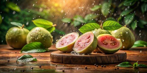 Wall Mural - Vintage Style Photography of Sliced Guava with Glistening Raindrops on a Rustic Wooden Table Creating a Nostalgic and Refreshing Atmosphere