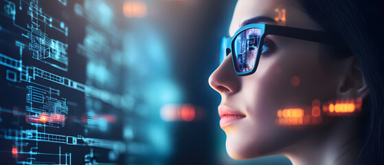 Woman wearing futuristic glasses, viewing digital data stream, technology concept