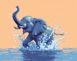 playful elephant splash: a joyful pixel art illustration of an elephant playfully splashing in water
