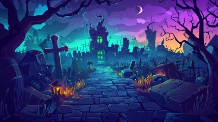 Wall Mural - A Cobblestone Path Leading Through a Spooky Graveyard at Night