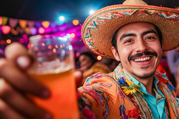 Wall Mural - Smiling Hispanic Man in Traditional Mexican Attire Toasting with a Drink During a Festive Cinco de Mayo Celebration