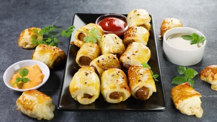 Canvas Print - rolls puff pastry with sausage, finger food, buffet party