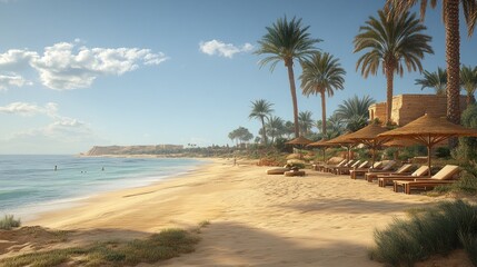 Sticker - Tranquil beach with palm trees, lounge chairs and thatched umbrellas.