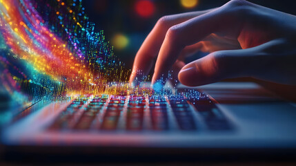A hand is typing on a laptop keyboard with colorful lines and numbers. Concept of creativity and innovation, as the hand is using the keyboard to input data or code