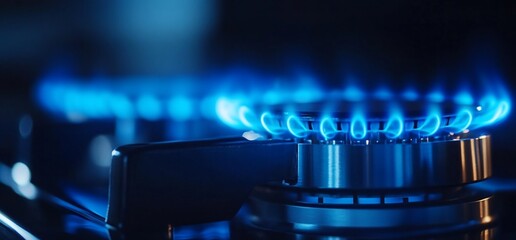 Poster - Close-up of a gas burner flame, showcasing blue flames and metal design.