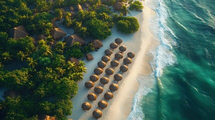 Sticker - Tropical beach with huts and umbrellas.