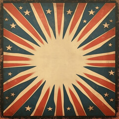 Vintage circus background with blank space for text or images, stars and stripes pattern in the corners, retro colors with faded edges, large empty center area for design or typogr
