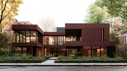 Fototapete - A modern, angular house design featuring large glass windows, surrounded by greenery and vibrant autumn trees