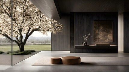 Fototapete - A serene interior space featuring minimalist design, soft textures, and a view of a blooming tree outside, blending nature with modern architecture