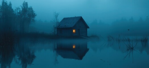 Wall Mural - Small cabin is sitting on a lake