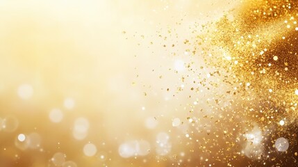 Wall Mural - Golden glitter particles scattering on a bright golden background, evoking celebration, luxury, and festive warmth.