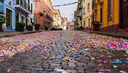 Wall Mural - Cobblestone street transformed by vibrant confetti after a festive Carnival parade celebration in a colorful neighborhood