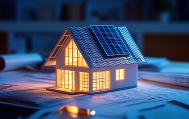 A close-up image of an architectural model house with solar panels on the roof, placed on a table surrounded by blueprints and design papers. 