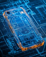 Poster - A detailed blueprint of a smartphone on a circuit board, showcasing intricate lines and designs, representing timeless innovation and technical precision
