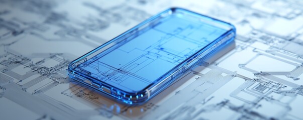 Aufkleber - A detailed, elegant blueprint of a smartphone on a circuit board, with clean, intricate lines, symbolizing precision engineering and modern design