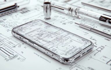 Aufkleber - An elegant smartphone blueprint on a circuit board, featuring fine details and intricate lines, symbolizing modern minimalism and advanced technology
