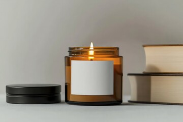 A blank white label on the front of an amber glass candle jar with no design, sitting next to two book mockups and a black lid beside it