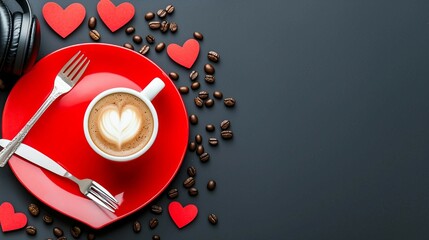 Wall Mural - Red Plate with Coffee Cup and Hearts on Dark Background