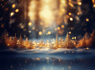 Leinwandbilder - Magical winter scene: Golden-lit trees dusted with snow, sparkling lights, and a serene atmosphere reflecting in a still, dark water.