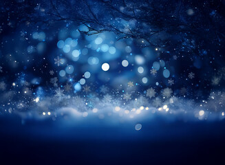 Aufkleber - A magical winter night scene.  Glowing snowflakes and bokeh lights illuminate a snowy forest, creating a dreamy, serene atmosphere.  Blue tones dominate the image, suggesting cold but captivating beau