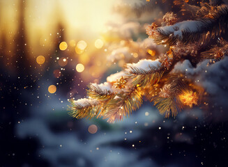 Leinwandbilder - Golden hour sunlight illuminates a snow-dusted evergreen branch.  Falling snow adds a magical, wintery ambiance. Soft bokeh highlights the scene's beauty.