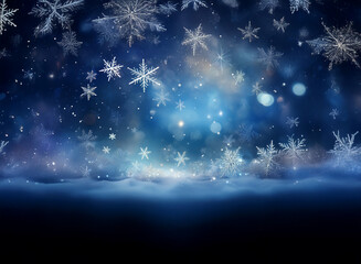 Aufkleber - A breathtaking winter scene:  Glimmering snowflakes fall against a dark blue, starlit sky.  Soft light illuminates a snow-covered ground. The image evokes a feeling of serene winter magic.