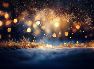 Aufkleber - Magical winter scene:  Glowing lights illuminate a snowy landscape, frosted branches overhead, creating a dreamy, festive atmosphere.