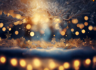 Aufkleber - Magical winter scene.  Glowing lights illuminate a snow-covered ground with delicate snowflakes, creating a serene and enchanting atmosphere.  Frozen branches frame the scene.