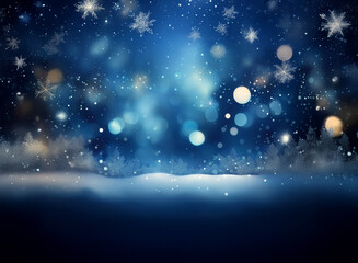 Poster - A serene winter landscape:  a snow-covered ground, illuminated by soft blue light and falling snowflakes, creating a magical, festive atmosphere.  The bokeh effect adds depth and sparkle.