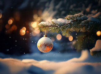 Poster - A snow-dusted orange bauble hangs from a pine branch, illuminated by warm bokeh lights in a winter wonderland scene.  Falling snow adds to the magical ambiance.