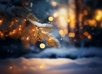 Poster - Snow-covered pine branch adorned with warm fairy lights, glowing softly against a bokeh backdrop of a snowy winter scene.  The magical ambiance evokes feelings of peace and warmth.
