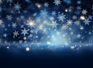 Poster - Falling snowflakes and shimmering lights create a magical winter scene.  A dark blue background enhances the sparkle of the icy crystals.