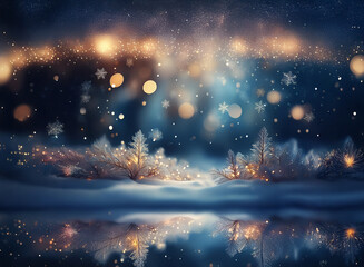 Poster - Enchanted winter scene: snow-covered trees, sparkling lights, and snowflakes reflected in a calm, dark blue lake.  A magical, dreamy atmosphere.