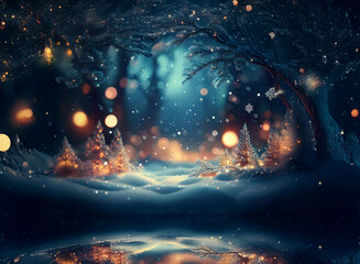 Poster - Enchanted winter forest scene.  Snow-covered trees, glowing lights, and a tranquil reflection on a still pond create a magical atmosphere.  Sparkling snowflakes add to the mystical ambiance.