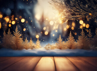 Poster - A magical winter scene: golden trees dusted with snow, illuminated by warm lights against a dark, bokeh-filled background. A wooden surface rests in the foreground, perfect for product display.