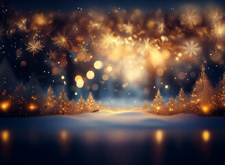 Poster - Magical winter scene: snow-covered forest shimmering with warm golden lights, sparkling snowflakes, and a serene, reflective surface.  A breathtaking, festive atmosphere.