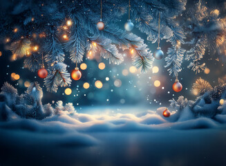 Poster - Magical winter scene: snow-covered ground, glowing lights strung on frosted pine branches, and colorful ornaments hanging.  A serene and festive holiday backdrop.