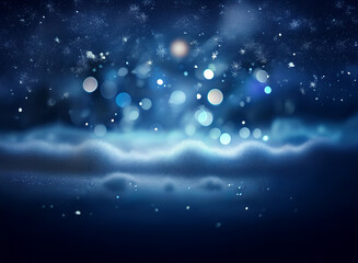 Poster - A mesmerizing winter night scene.  Glowing bokeh lights illuminate a snowy landscape under a dark, starlit sky.  Falling snowflakes add to the magical atmosphere.